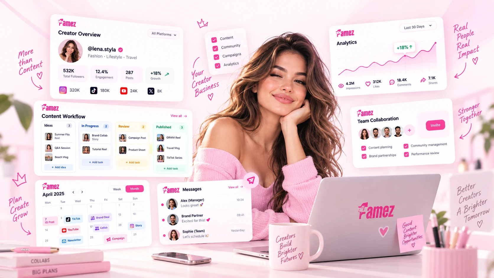 Creatorin mit Famez Dashboard, Content-Planung, Analytics und Team-Workflows